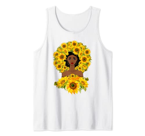 Chica Negra Con Girasoles Afro Cabello Melanina Negro Orgullo Camiseta sin Mangas