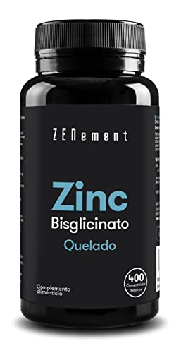 Zinc, 25 mg (Bisglicinato), Alta dosificación, 400 Comprimidos | Zinc Quelado | Antioxidante, ayuda al Sistema Inmunitario, Piel, Cabello y Uñas | Vegano | Zenement