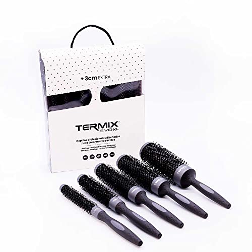 Termix Evolution XL - Pack de 5 cepillos de pelo térmicos redondos. 3 cm más largo. Reduce el tiempo del secado gracias a sus fibras ionizadas y su tubo anti-adherente