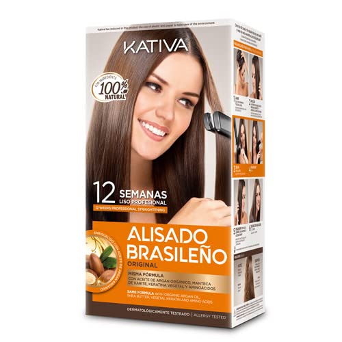 Kativa Kit Alisado Brasileño - Tratamiento Alisado Profesional en casa - Hasta 12 Semanas de duración - Alisado Keratina - Keratina Vegetal - Sin formol - Fácil de aplicar