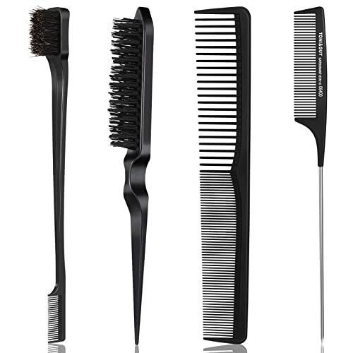 upain 4 Piezas Peines de Peluqueria Profesional Juego de Peine-Cepillo de Doble Filo, Cepillo de Pelo de Cerdas, Peine de Cola de Rata y Peine de Pelo para Peluqueros Hombres o Mujeres Negro