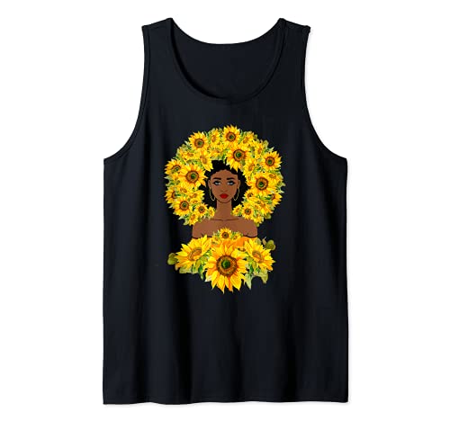 Chica Negra Con Girasoles Afro Cabello Melanina Negro Orgullo Camiseta sin Mangas