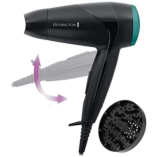 Remington Secador de Pelo Pequeño Compact, Secador de Viaje, Plegable, 2000 W, Concentrado, Difusor Compacto, 3 Temperaturas, 2 Velocidades, Rejilla Trasera Desmontable, Gancho Para Colgar, D1500