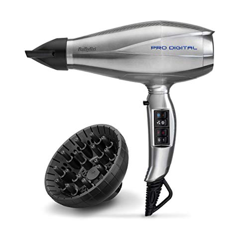 BaByliss Pro Digital 6000E - Secador de pelo profesional, motor digital, 2300 W, iónico, secado ultra rápido 208 km/h, temperatura constante 70º, incluye difusor y dos concentradores, Gris/ Plata