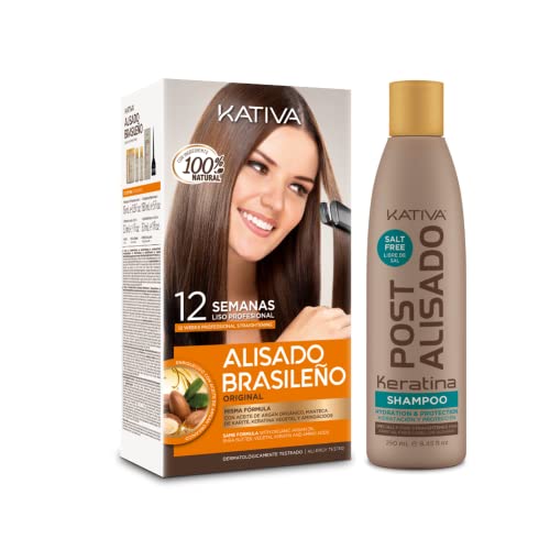 Kativa Pack Ahorro Kit Alisado Brasileño com Champú Post Alisado - Tratamiento Alisado Profesional En Casa - Hasta 12 Semanas de Duración - Alisado Keratina