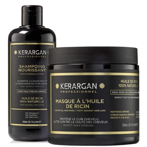 Kerargan - Champú y mascarilla con aceite de ricino, aceite de argán y manzanilla para estimular el crecimiento del cabello y reducir su caída - Sin sulfatos, parabenos ni siliconas - 2X500 ml