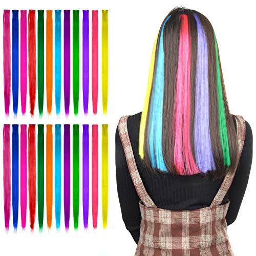 24PCS Extensions de Cheveux Coloré, Comius Sharp 12 Couleurs Postiches Extensions Lisses pour Cheveux Couleurs de l'arc-en-ciel Extensions de Cheveux Raides avec Clips pour Cosplay, Fêtes (Straight)