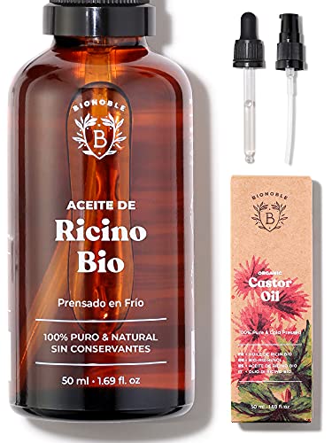 Bionoble Aceite de Ricino Orgánico 50ml - 100% Puro y Prensado en Frío - Pestañas, Cejas, Cuerpo, Cabello, Barba, Uñas - Vegano y Cruelty Free - Castor Oil - Botella de Vidrio + Pipeta + Bomba