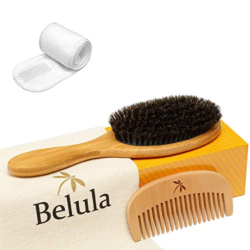 Belula Set Cepillo Cerdas Jabali, Cepillo Cerdas Naturales Suaves para Cabellos Finos y Delicados. Recupera el Brillo y la Textura. Incluye Peine de Madera, Bolsa de Viaje & Cinta de Spa