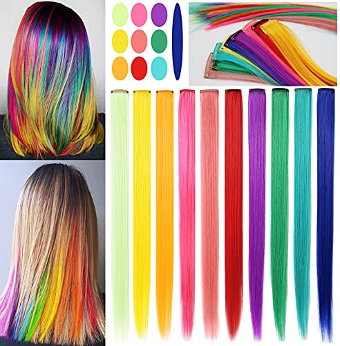 RYH 10 piezas de clip en extensiones de cabello de colores para niñas, mujeres, peluca con piezas de cabello arcoíris para niñas, clips multicolores para fiestas (color arcoíris)