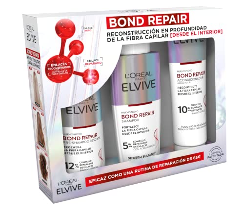 L'Oréal Paris Elvive, Bond Repair Cofre Reconstrucción Pre-champú, Champú, Acondicionador de Reconstrucción Profunda, Tratamiento para Reparar el Cabello Dañado, 98% rotura