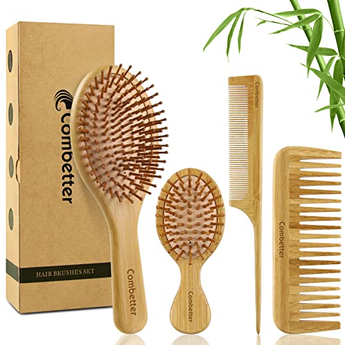 Combetter Juego de 4 cepillos de pelo de bambú para cabello coli, dientes anchos y todos los tipos de cabello hombres y niños