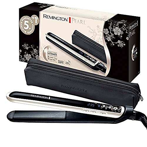 Remington Plancha de Pelo Pearl, Cerámica Avanzada con Perla, Placas Flotantes Extralargas, Temperatura hasta 230°C, Función Turbo, Digital, Calentamiento 10s, Color Blanco Y Negro, S9501, 110mm