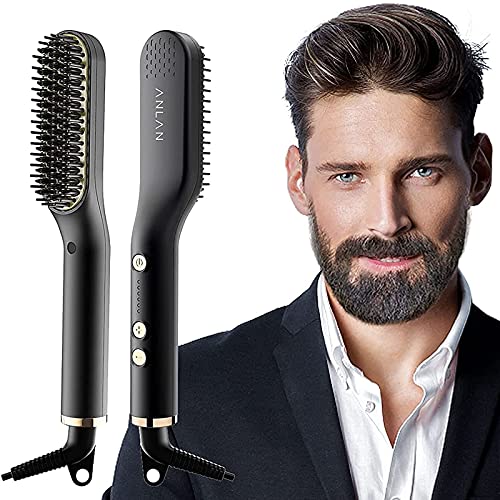 ANLAN Cepillo Alisador de Barba con 5 Niveles de Temperatura, Cepillo Barba Electrico Plancha de Pelo Flequillo Eléctrico Profesional Peine de Peluquería Multifuncional Cepillo para Hombre Mujer