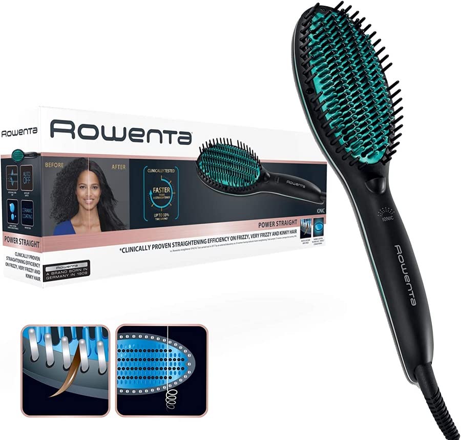 Rowenta Cepillo alisador Power Straight CF5820F0 - Cepillo especial para cabello muy rizado, con generador de iones y temperatura regulable hasta 200º, púas de gran sujeción desde la raíz